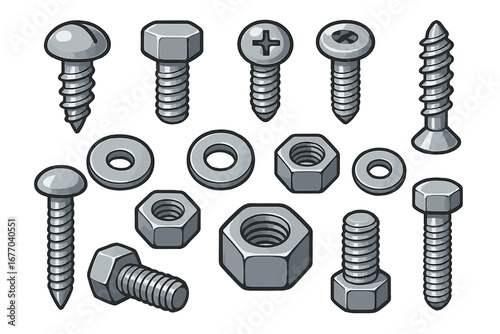 Set of metallic fasteners. Screws, bolts, nuts, and washers collection. Metal hardware for construction, repair, and DIY projects. Vector cartoon illustration icons isolated.