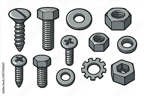 Set of metallic fasteners. Screws, bolts, nuts and washers cartoon vector icons. Industrial hardware for construction, repair or DIY. Metal tool kit elements collection.