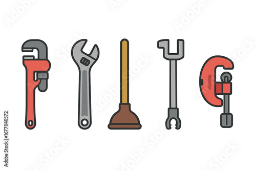 Plumbing tools icon set. Flat vector illustration of basic plumber equipment. Pipe wrench, adjustable wrench, plunger, basin wrench, pipe cutter for repair and maintenance.