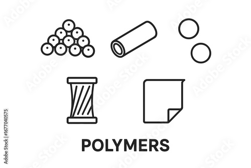 Polymer icons grid. Outline icon set of polymers, polyethylene pellet, PVC pipe, nylon fiber, polystyrene bead, polypropylene film. Vector illustration of plastic materials.
