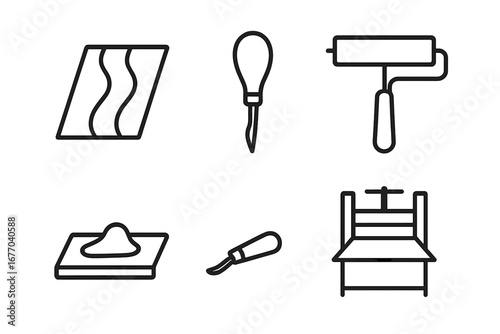 Vector outline icons of printmaking tools. Linocut equipment set with brayer roller, carving gouge, ink slab, lino block, printing press. Art and craft supplies concept.