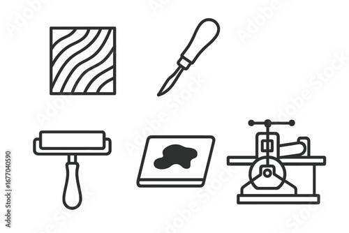 Printmaking tools outline icon set for linocut and woodcut. Vector graphic of lino block, carving tool, brayer roller, ink slab, and printing press. Art and craft supplies concept.