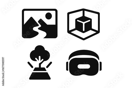 Virtual environment glyph icon set. Metaverse and VR technology symbols. Digital landscape, 3D space, hologram tree, and virtual reality headset vector illustration.