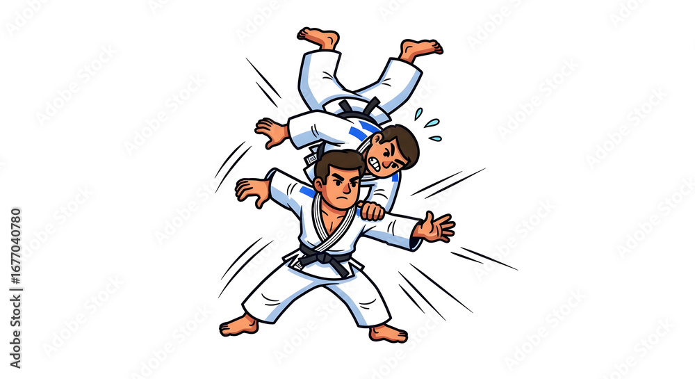 Fototapeta premium Judo Combat Two Fighters in Action, Performing a Throw, Artistic Depiction