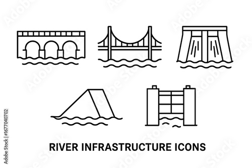 River infrastructure line icon set. Water engineering and construction symbols. Vector collection of dam, levee, canal lock, stone arch and suspension bridge outline graphics.