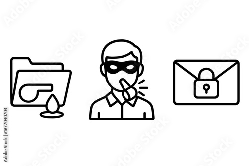 Whistleblower outline icon set. Leaking folder, anonymous masked person blowing whistle, secure email. Concept for data leak, secrets, privacy, security, transparency.