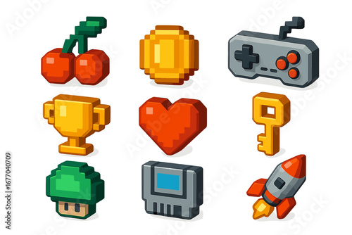Retro gaming pixel art icons set. 3D video game symbols for arcade 8 bit games. Includes heart, coin, key, trophy, rocket, and controller. Vector assets for game design.