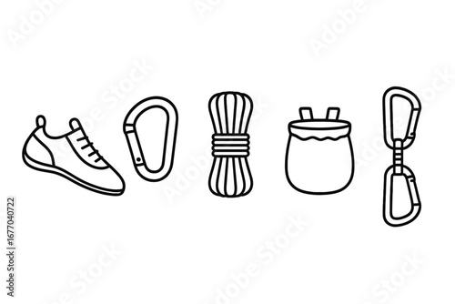 Rock climbing gear icon set. Outline vector illustration of climbing shoe, carabiner, rope, chalk bag, quickdraw. For sport, adventure, mountaineering concepts.