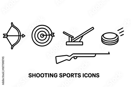 Shooting sports line icon set. Vector symbols of bow, arrow, target, bullseye, skeet launcher, clay pigeon, air rifle. Archery, hunting, competition graphic elements.