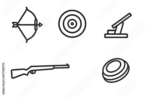 Shooting sports line icon set. Archery and firearm competition symbols. Vector graphic elements including bow, arrow, bullseye target, skeet, clay pigeon, rifle, gun.