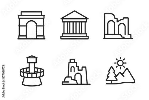 Travel sightseeing outline icon set. Vector linear symbols of attractions, landmark, monument, museum, ancient ruins, castle, viewpoint, nature. Editable stroke icons.