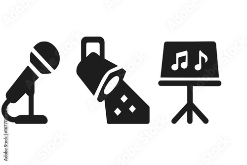 Singing performance vector icon set. Solid glyph silhouette symbols of stage elements. Microphone for singer, spotlight for show, music stand with notes for concert or karaoke.