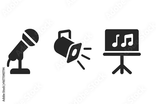 Singing performance vector icon set. Solid glyphs of stage elements: microphone for audio recording, spotlight for show lighting, and music stand with notes for a concert or karaoke.