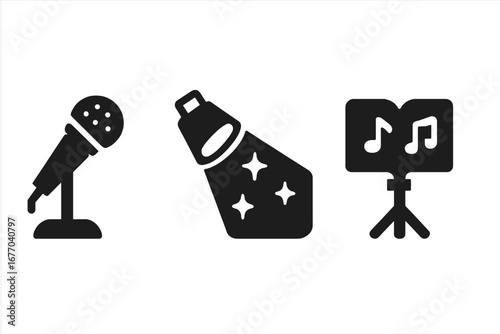 Singing performance solid icon set. Stage elements glyphs. Microphone for karaoke, spotlight for show, music stand with notes for concert. Entertainment vector symbols.