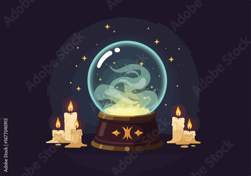 Ethereal halloween crystal ball illustration, with swirling mystic smoke, glowing candles, and a magical starlit aura for enchanting predictions