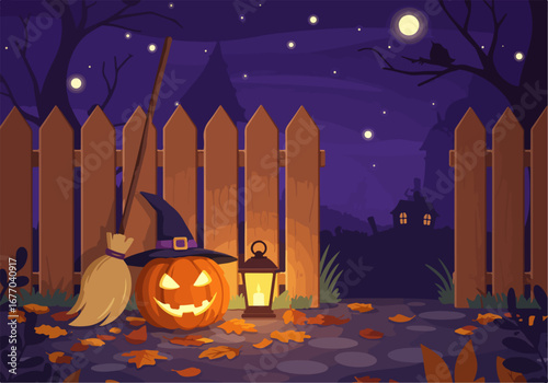 An enchanting halloween night scene unfolds, showcasing a glowing jack-o'-lantern, a witch's broom, and a warm lantern illuminating autumn leaves