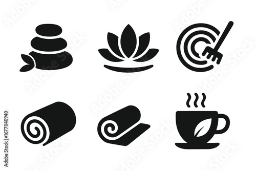 Spa wellness solid icon set. Vector glyph symbols for relaxation, beauty and health. Massage stones, lotus flower, zen garden, towel, yoga mat, herbal tea pictogram concept.