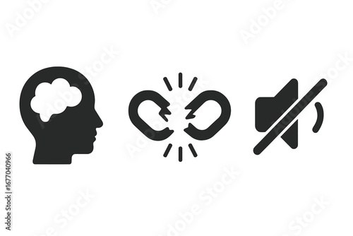 Stigma reduction icon set for mental health awareness. Concepts of an open mind, breaking the silence and chains of prejudice. Psychology and support vector symbols for social issues.