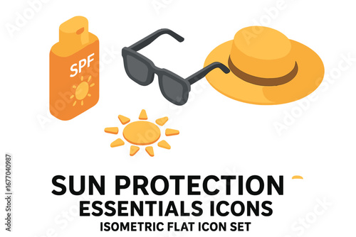 Sun protection essentials isometric icon set. Sunscreen bottle with SPF, sunglasses, and wide-brimmed hat. Summer vacation and skin care concept for UV safety. Vector.