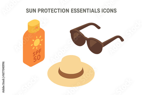 Sun protection essentials isometric icon set. Vector collection of summer safety items like sunscreen bottle, sunglasses, and wide-brimmed hat for UV skin care and travel concept.