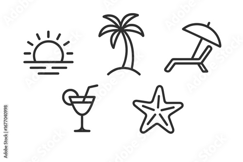 Beach vacation icon set. Summer travel and tourism concepts. Thin line vector symbols. Outline graphic illustrations of sunset, palm tree, lounge chair, cocktail, starfish.