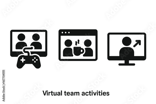 Virtual team activities icon set. Remote work team building concepts. Online gaming, virtual coffee break, screen sharing, web conference. Solid glyph vector illustration.