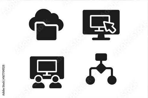 Solid glyph icon set for virtual workspace and remote work. Featuring cloud storage, remote desktop, screen sharing, online meeting, and business process workflow diagram. Vector.