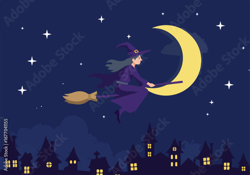 Halloween night flight witch on a broom flying across the moon against a starry sky and spooky village silhouettes a traditional celebration