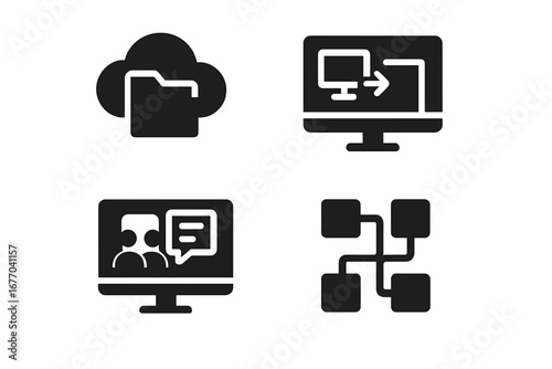 Virtual workspace solid glyph icon set. Remote work and online collaboration tools. Cloud folder, remote desktop access, video conference and screen sharing pictogram.