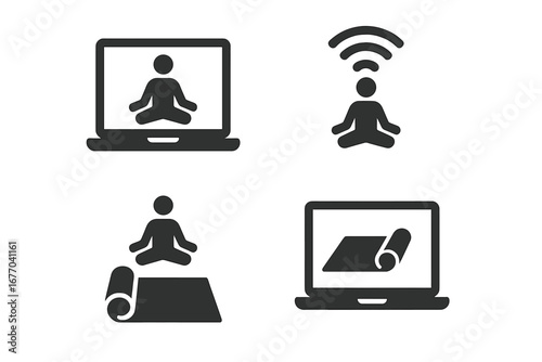 Virtual yoga solid icon set. Online fitness class and meditation session symbols. Live streaming workout with digital instructor on laptop. Home exercise and wellness pictogram.