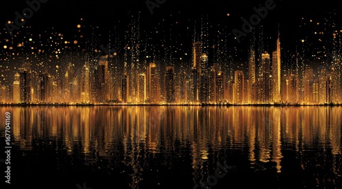 A golden cityscape reflected on a dark water's edge, lit by a glittering, particle-like glow