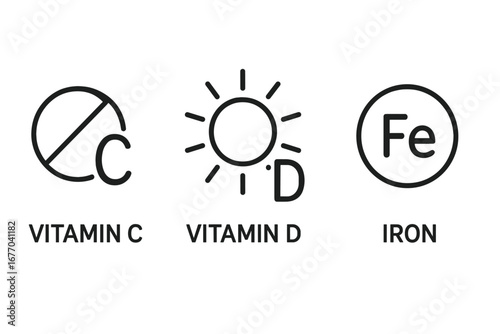 Vitamin and mineral outline icon set. Essential nutrients for health. Vitamin C tablet, vitamin D sunshine, and iron Fe symbol. Vector illustration for nutrition, supplements.