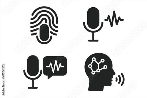 Voice technology icon set. Solid glyph icons for voice recognition, biometric authentication, and sound wave analysis. AI speech synthesis and neural network concept vector.