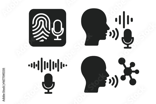 Voice recognition technology icon set. Biometric authentication with voiceprint and fingerprint. AI speech processing, sound wave analysis, and neural network vector symbols.