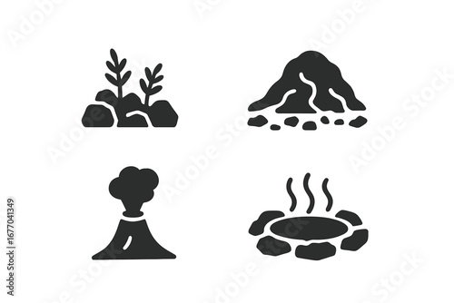 Volcanic ecology solid glyph icon set. Volcano eruption, lava field, geothermal vent, and hot spring symbols. Pioneer plants growing on volcanic rock. Nature and geology vector.
