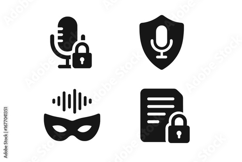 Voice technology security and privacy solid icon set. Vector concepts of data protection, secure microphone, encryption lock, shield guard, anonymous mask and audio soundwave.