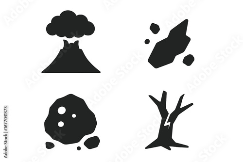 Volcano eruption icon set. Solid glyph collection of natural disaster symbols. Volcanic ash cloud, lava rock debris, and a broken tree. Catastrophe and nature's fury concept.