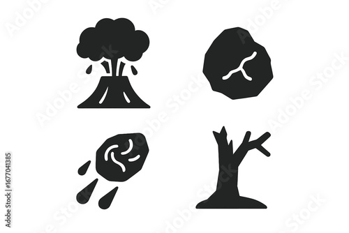 Volcano eruption solid icon set. Natural disaster concept. Volcanic rock, lava bomb, ash cloud, and dead tree glyphs. Geology catastrophe, nature destruction vector signs.