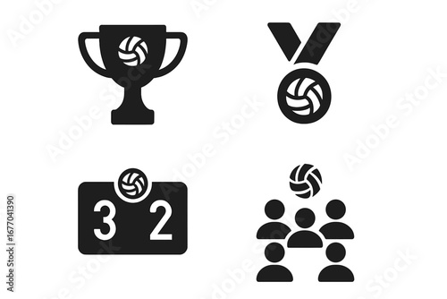 Volleyball event icons set for tournament and championship. Solid glyph pictogram collection with trophy, medal, scoreboard, game score, team, winner, and fan audience.