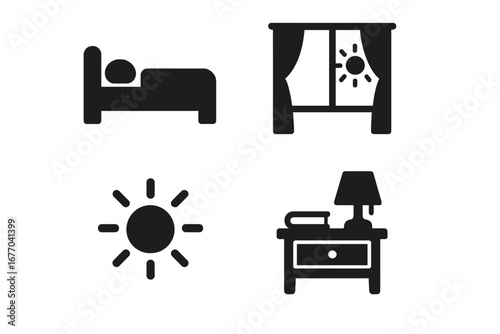 Wake up and morning routine solid glyph icon set. Includes symbols for sleeping in bed, sunrise through a window, bright sun, and a bedside table with a lamp. Good morning concept.