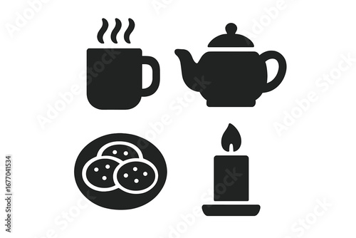 Warm cozy icons. Solid filled icon set of winter accessories and refreshments. Mug, teapot, plate of cookies, hot chocolate, candle. Hygge lifestyle concept vector symbols.