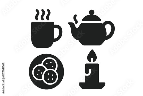 Warm cozy icons. Solid filled glyph icon set of hygge accessories and refreshments. Steaming mug, teapot, cookies, hot chocolate, candle. Vector comfort food symbols.