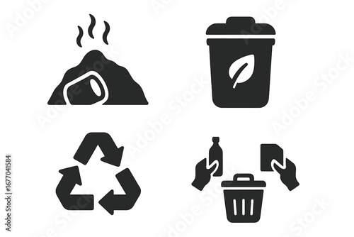 Waste management solid icon set. Garbage disposal and recycling symbols. Landfill, compost bin, recycle arrow sign, and waste sorting. Ecology and environment concept vector.