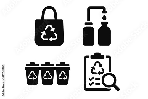 Waste reduction solid filled icon set. Vector icons for recycling, sustainability, and eco friendly concepts. Reusable bag, refill station, sorting bins, and waste audit symbols.