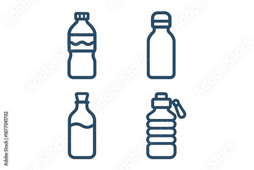 Water bottle icon set. Flat line art of various drink containers. Plastic, reusable stainless steel, glass, and collapsible sport bottles. Hydration, fitness, travel vector.