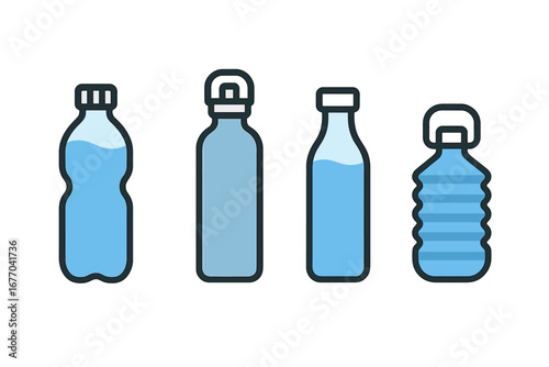 Water bottle vector icon set. Flat design collection of various drink containers. Includes plastic, reusable stainless steel, glass, and collapsible bottle styles for hydration.