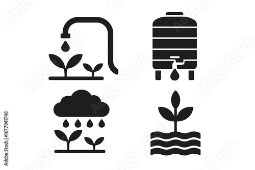 Water conservation solid glyph icon set. Agriculture and farming symbols. Drip irrigation, water tank, rainfall, plant growth. Sustainable resource management vector concept.