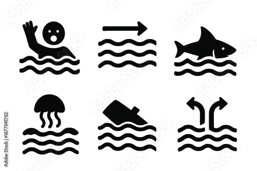 Water safety and hazard vector icon set. Warning signs for drowning, strong current, shark, jellyfish, capsized boat, and rip tide. Solid glyph pictogram collection.