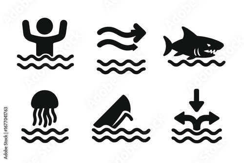 Water hazard icon set. Dangers of drowning, strong currents, rip tide, and shark or jellyfish attack. Boat capsizing vector pictogram. Beach safety warning signs symbols.