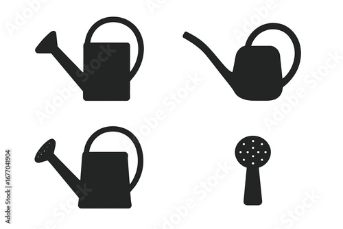 Watering can icon set. Solid black silhouette collection of various gardening tools for horticulture, agriculture, and plant care. Classic and modern vector designs and accessories.